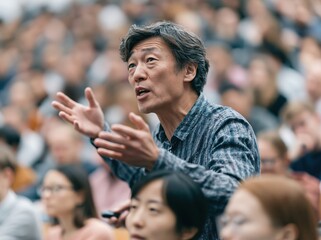 Obraz premium Asian man speaking passionately in a crowded lecture hall with hands raised