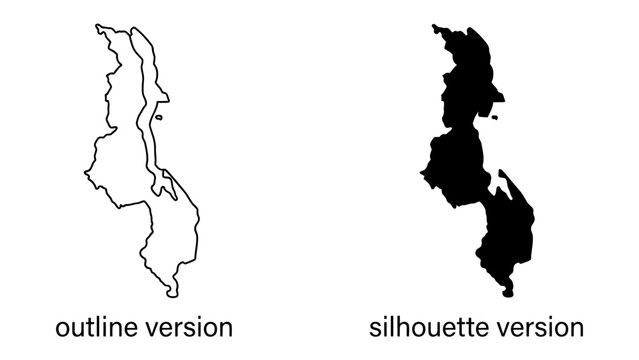 Malawi Map Outline and Silhouette: A clear depiction of the African nation's geography, presented in both an outline and a solid silhouette form. A visual representation of country boundary