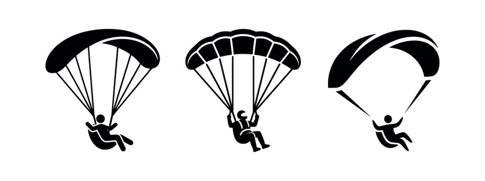 Paragliding and parachute descent icon set. Aerial sport and controlled flight symbols.