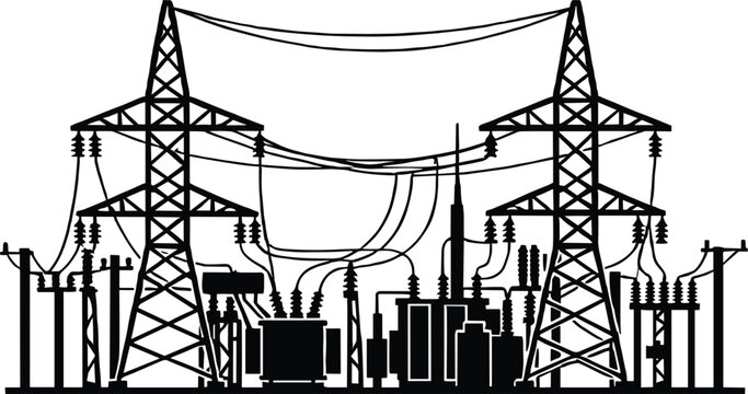 Electrical substation with transformers and pylons silhouette electricity power