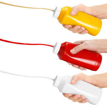 Set of three hands pouring sauce bottles, isolated on transparent cutout background