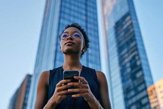 Low angle shot of a confident young professional woman standing in a modern city district, holding a smartphone and looking up at the skyscrapers