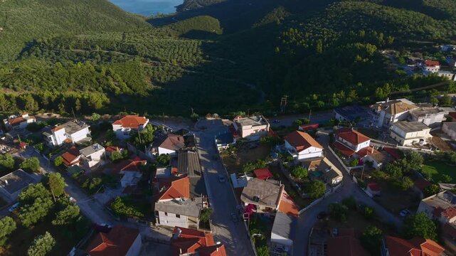 Aerial View of Perdika Town Greece Mediterranean Coastal Village
