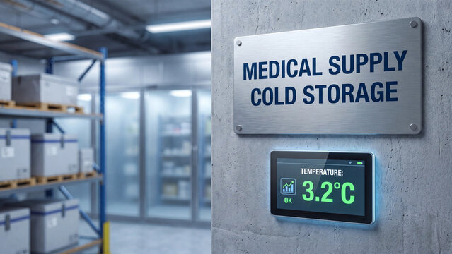 Medical supply cold storage room \with digital temperature monitoring display for pharmaceutical refrigeration and healthcare inventory preservation