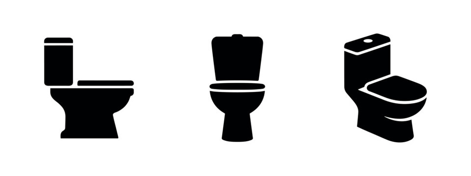 Toilet icon set. Modern black vector glyphs of toilet bowls from different angles for bathroom design.