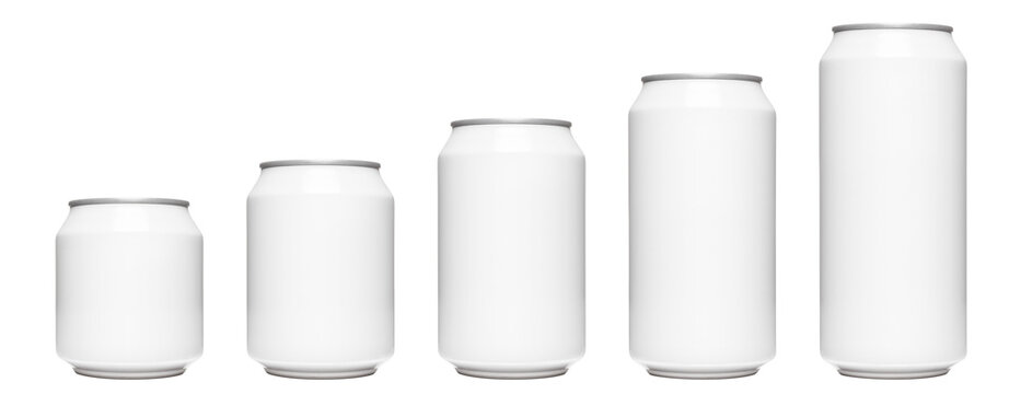 Collection of beverage can mockups in different sizes, isolated on transparent cutout background