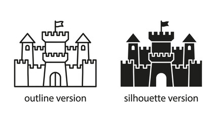 Castle Icons: Two distinct representations of a medieval castle, one in outline and the other as a solid silhouette, showcasing architectural features like battlements, towers, and a central gate. © mojahedh