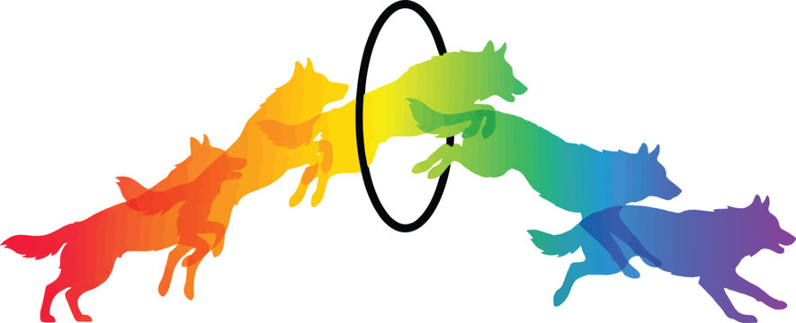 A sequence of colorful wolf silhouettes jumping through a hoop, showcasing a rainbow gradient.