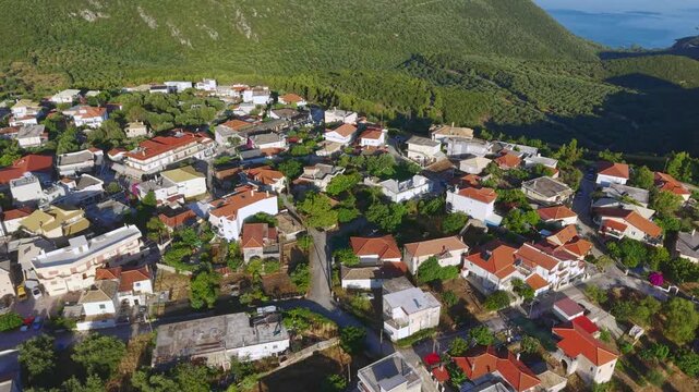 Aerial View of Perdika Town Greece Mediterranean Coastal Village