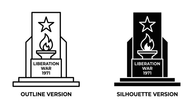 Liberation War Memorials: Two stylized representations of a liberation war memorial, one an outline and the other a silhouette, featuring a star and eternal flame.