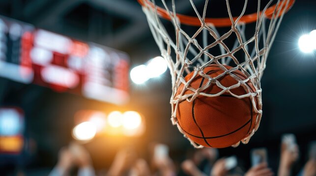 A basketball drops through the net with blurred spectators cheering in the background