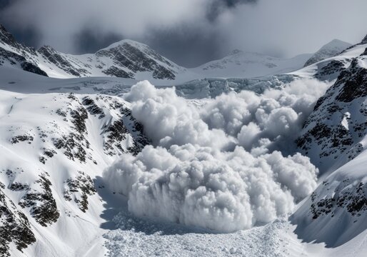 Powerful snow avalanche cascading down a steep mountain slope with billowing clouds of snow between rocky peaks under a moody sky