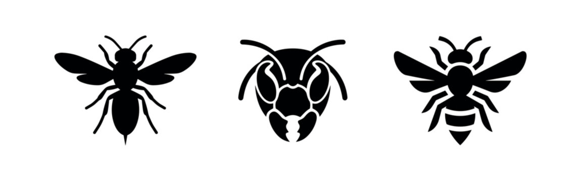 Wasp and Bee Insect Icons Set. Detailed vector silhouettes of flying insects, suitable for nature, pest control, or warning themes.