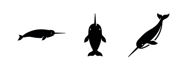 Narwhal Whale Icons Set. Arctic Marine Animal Symbols. Unicorn of the Sea Vector Collection for Wildlife Design. © Lili