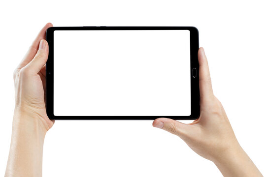 Hands holding black tablet in landscape orientation with blank screen, isolated on transparent cutout background