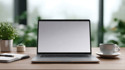 Fototapeta premium Blank Laptop Screen on Wooden Desk with Coffee Notebook and Plants Workspace