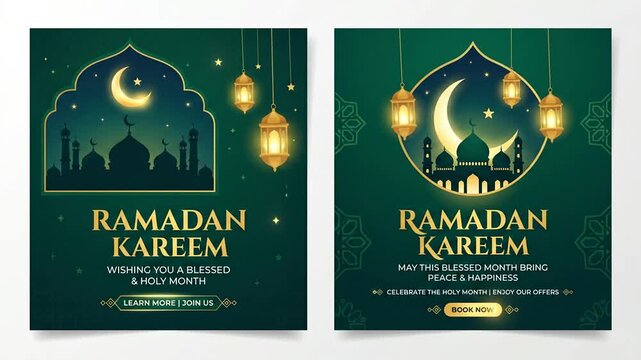 Ramadan Kareem social media post templates with mosque silhouettes.