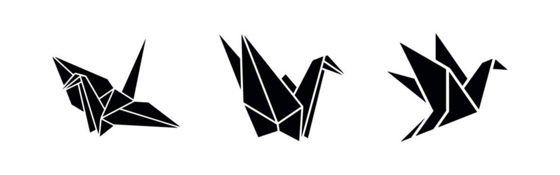 Origami Crane Silhouettes - Traditional Japanese Paper Art Icons of Birds