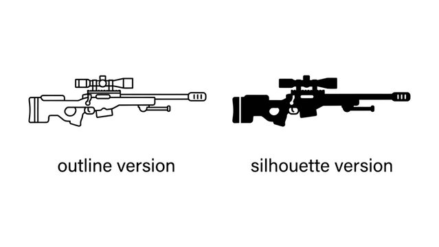 Sniper Rifle Icon: Two stylized representations of a sniper rifle, one as an outline and the other as a silhouette, highlighting its distinctive design with a telescopic sight.