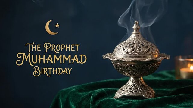 Ornate incense burner for Mawlid al-Nabi prophet birthday greeting.