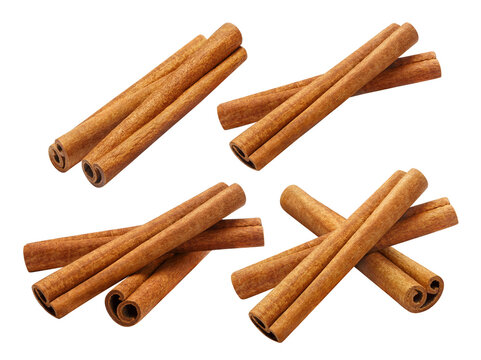 Set of cinnamon stick arrangements in four compositions, isolated on transparent cutout background