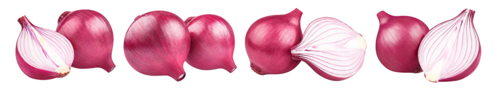 Set of fresh red onions with sliced halves, isolated on transparent cutout background