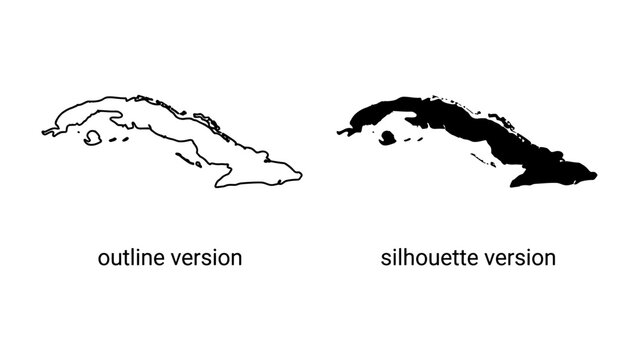 Cuba Map Outline and Silhouette: Two representations of the island nation of Cuba, one an outline and the other a solid silhouette, ideal for geographical and travel contexts.