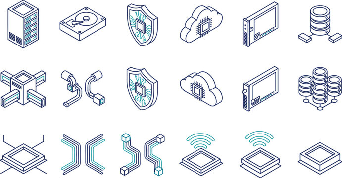 Isometric Data Server and Cloud Computing Icon Set with Cyber Security Shields Hard Drives and Network Architecture Symbols for Tech Website Designs