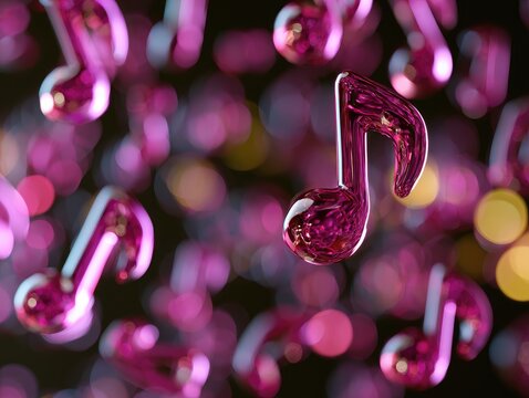 Gleaming pink musical notes float in a bokeh-filled, dark background