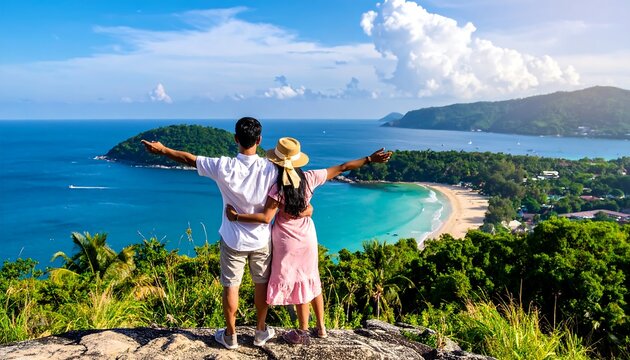 Couple enjoying a scenic ocean view with arms outstretched