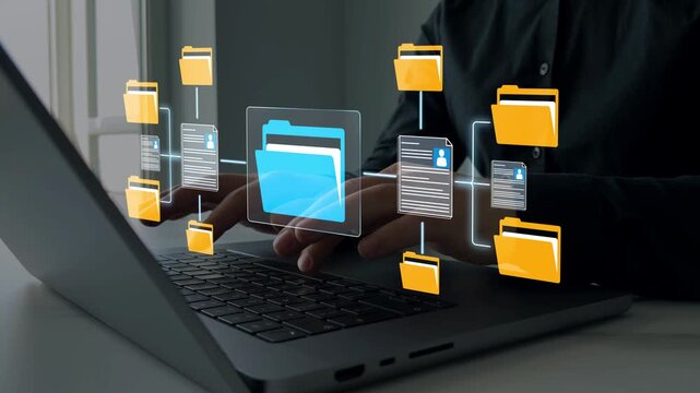 Employee document archive concept featuring secure file storage, personnel records, digital databases and organized office documentation systems.	
