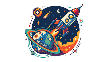 Retro Rocket Launching Past Planet and Stars in Colorful Space © cekcok