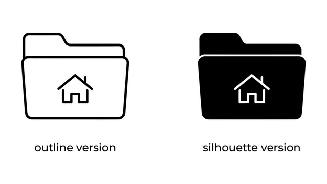 Folder Icon Duo: A digital representation of a folder with a house icon, presented in both outline and silhouette versions, symbolizing home directory or primary location.
