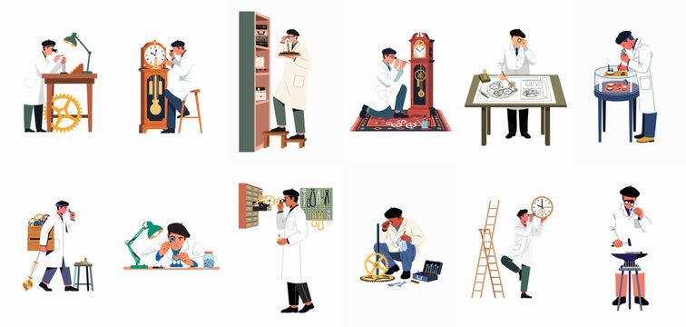 Illustration of a professional watchmaker working on various timepieces including grandfather clocks and wristwatches using specialized tools and magnifying loupes.