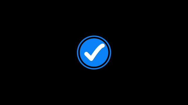 blue check mark on black background, checkmark animation symbol, yes approve choice, approved tick mark, verified symbol, yes icon, check mark flat style .4k quality animation video