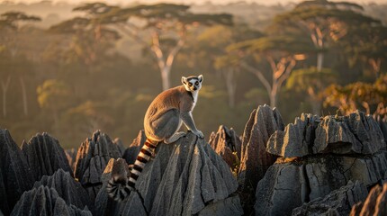 Fototapeta premium A ring-tailed lemur sits atop jagged rocks in a sunlit forest, surrounded by distant trees bathed in warm, golden light.