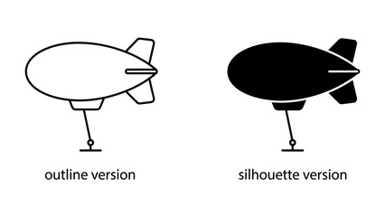 Airship Outline and Silhouette: Two simplified graphic representations of an airship, one in an outline style and the other as a solid silhouette, both showing its gondola and tail fins. © Mdalamgir