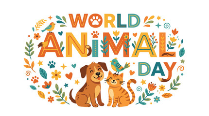 Fototapeta premium World Animal Day illustration with dog, cat, and colorful flowers 