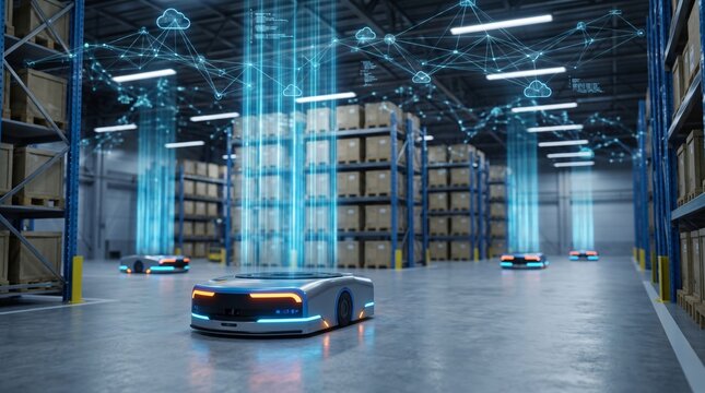 Automated warehouse robots navigate aisles between stacked boxes under digital network projections