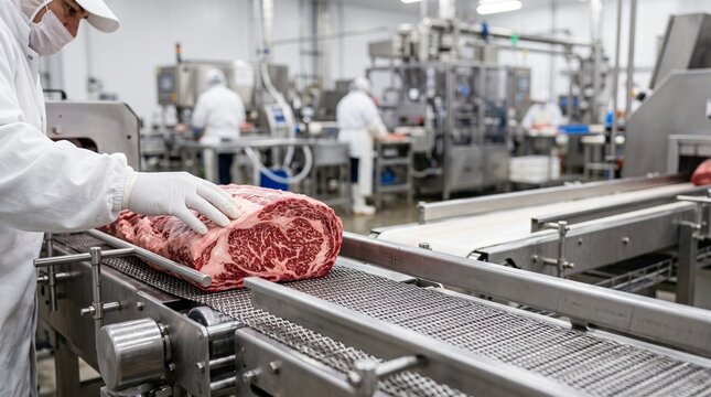 A worker in protective gear inspects a large raw beef primal cut moving on a conveyor belt in a processing facility