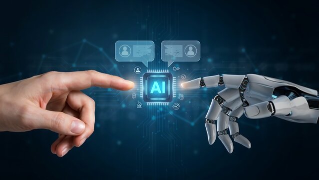 AI Evolution: Human and robot hands reach out to a glowing AI core, symbolizing the future of artificial intelligence and the integration of technology into human lives.