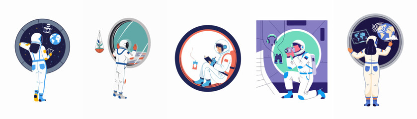 Set of flat illustrations depicting astronauts inside a spacecraft performing various tasks like observing earth, photography, and scientific recording. © Ava