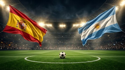 Fototapeta na wymiar Spain vs argentina football match concept with national flags waving in a crowded stadium at night, soccer ball on the pitch