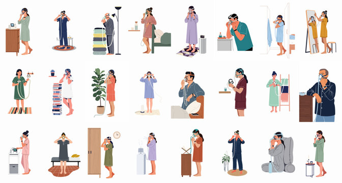Large collection of diverse people in pajamas using CPAP machines and breathing masks at home to manage sleep apnea and improve overall health.