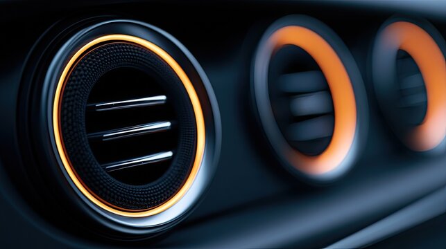 Illuminated metallic circular vents with textured detailing on dark surface