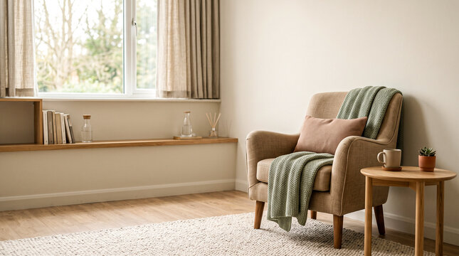 Therapy Office Interior with Cozy Armchair and Copy Space for Mental Health and Wellness Advertising