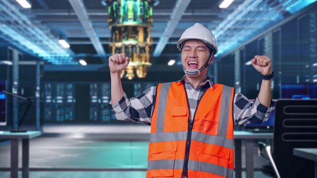 Asian Male Engineer With Safety Helmet Screaming Goal And Dancing Celebrating at Futuristic Quantum Computer Data Center Control Room