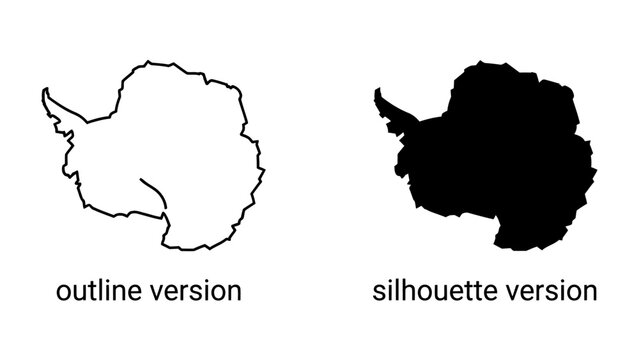Outline and Silhouette of Antarctica: Two distinct representations of the Antarctic continent, one as a clean outline and the other as a solid black silhouette, offering versatile design elements.