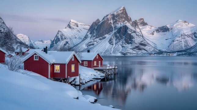 Snow-covered red cabins sit by a calm lake with towering, rugged mountains in the background under a soft, pastel sky.