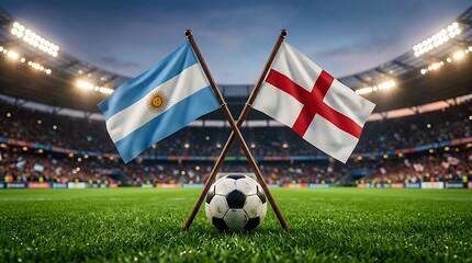 Obraz premium Argentina vs england football match concept with crossed national flags and soccer ball on stadium grass pitch under bright lights